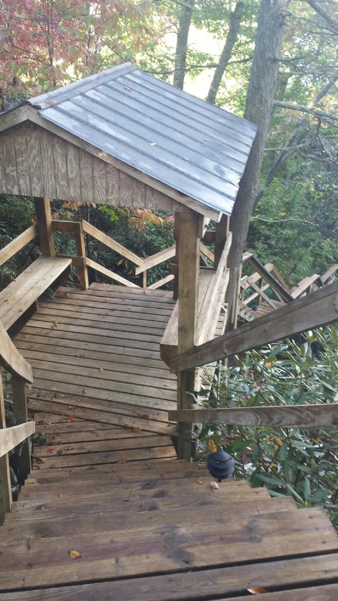 Metal roofed shelter over wooden steps on a wooded walkway — Skylight Repair & Installation work by our crew in Coquille